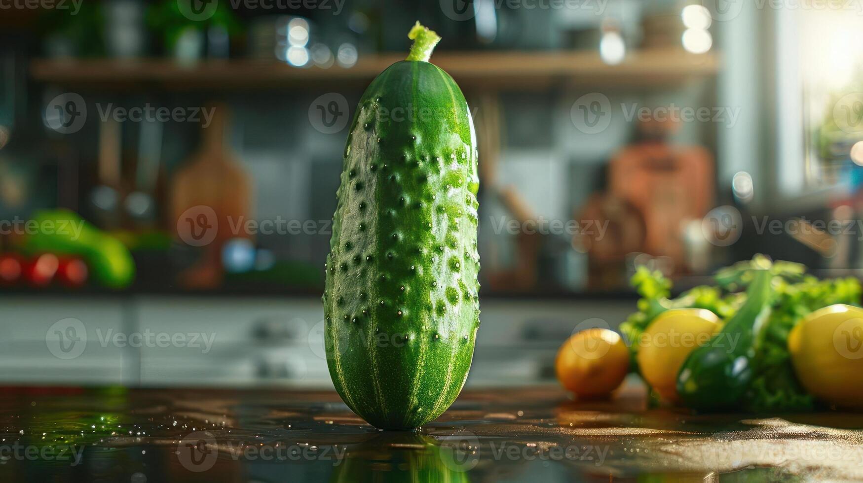 A green cucumber sitting on a kitchen counter in the foreground with vegetables and cooking utensils in the background. photo