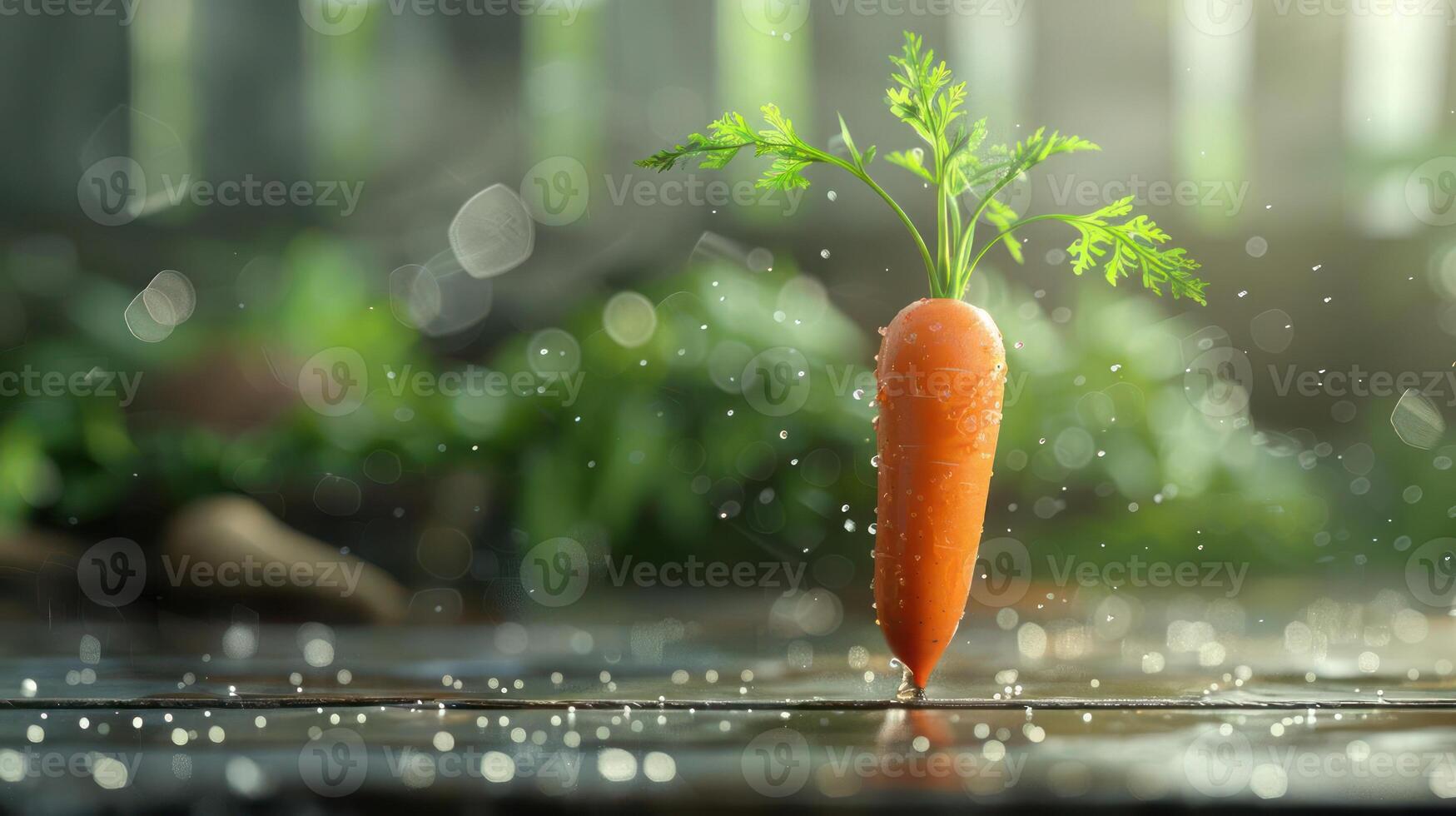 A carrot growing out of the ground during rain. photo