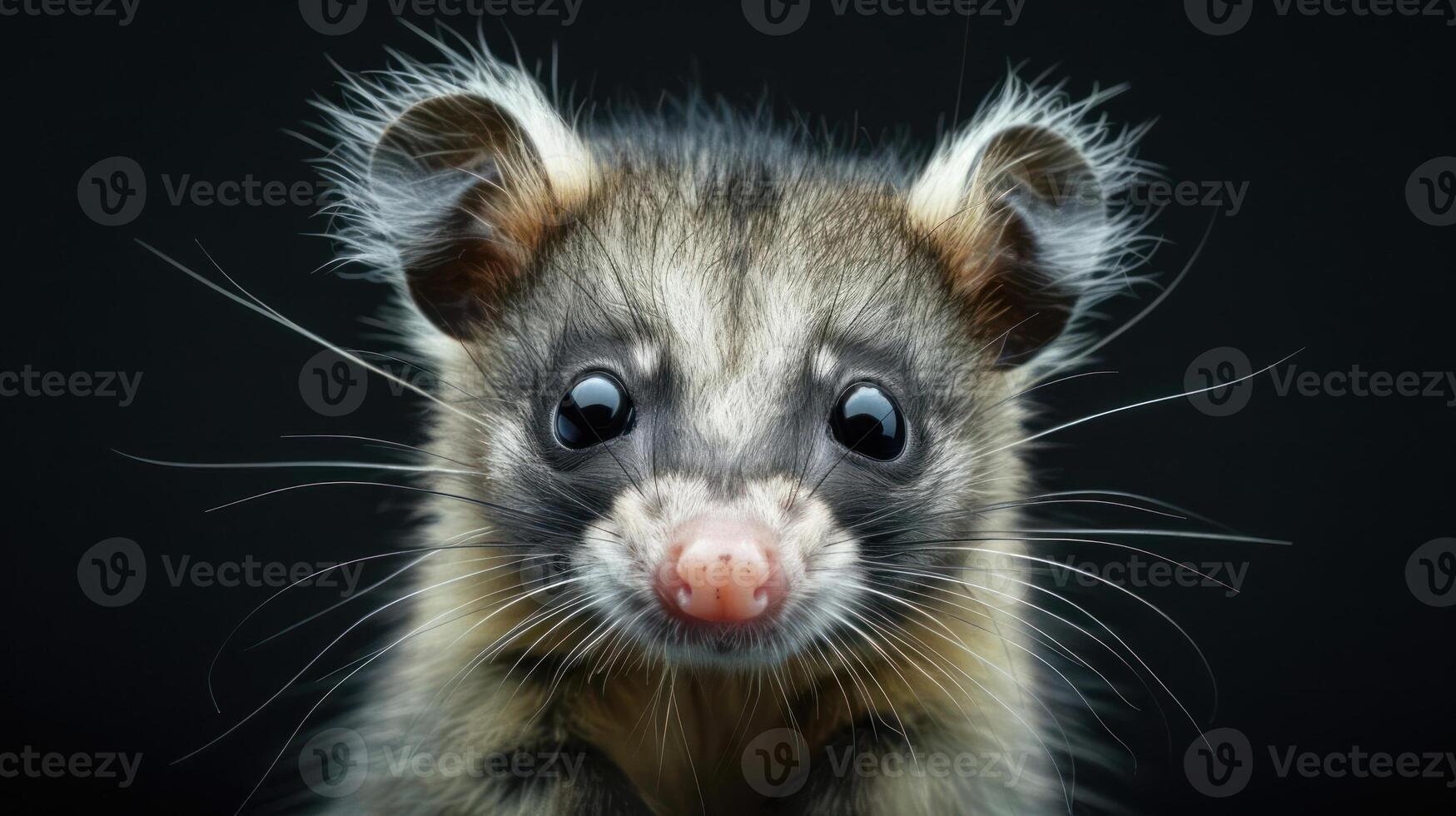 A close-up image of a pet rat with exaggerated features, sitting on top of a blurred background. photo