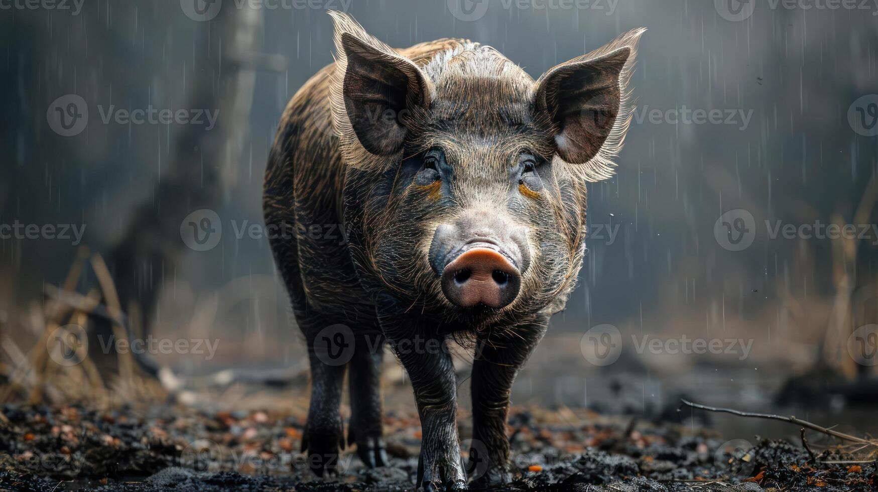 A pig is walking through a rainy forest, covered in rain droplets and leaves. photo