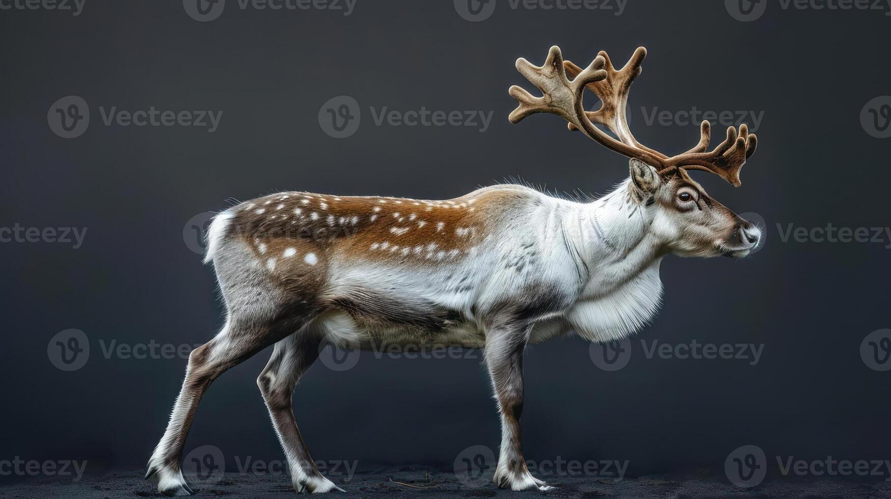 A close-up photograph of a reindeer with full antlers. photo