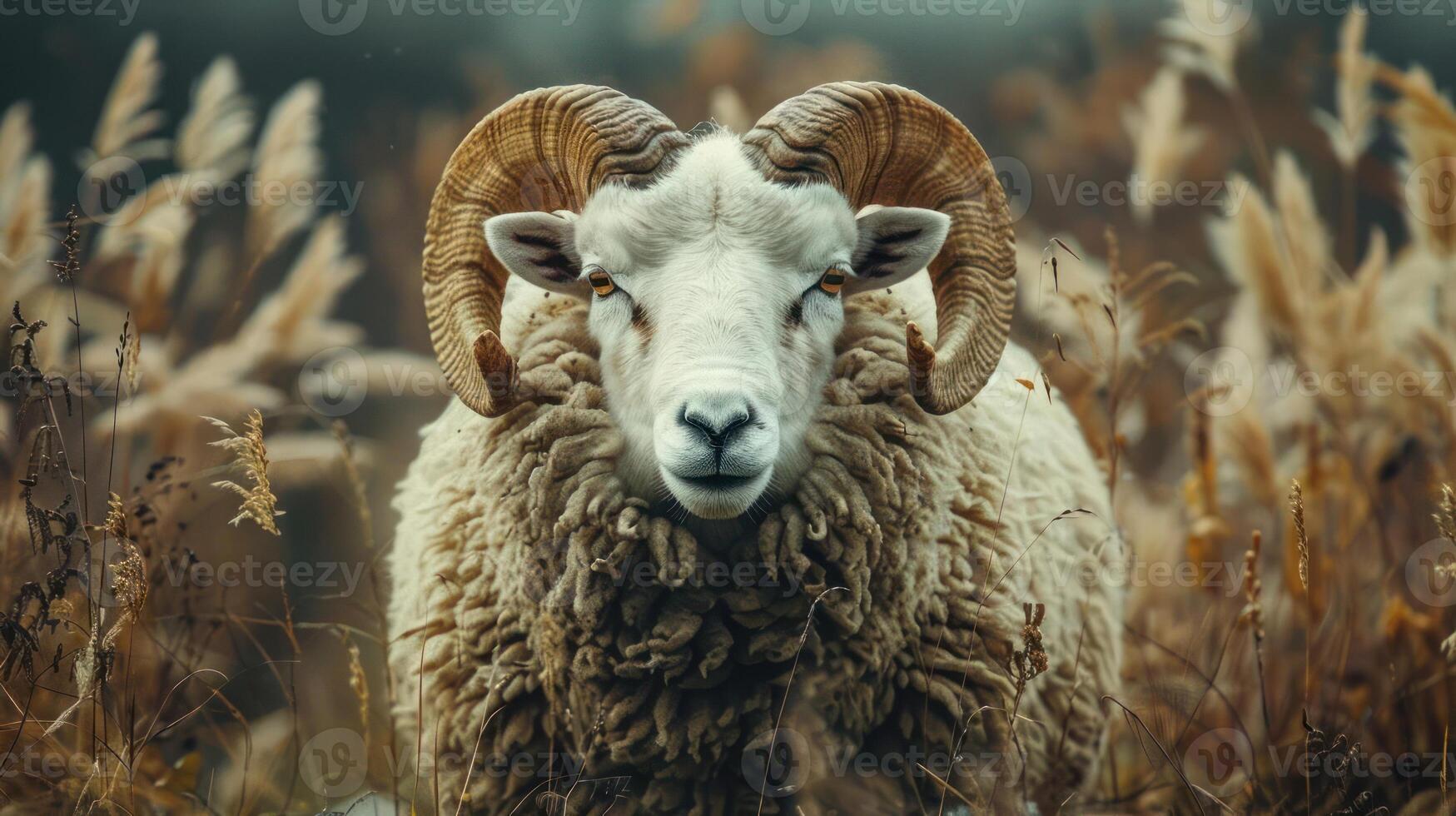 A close-up of a horned ram standing in tall grass. photo