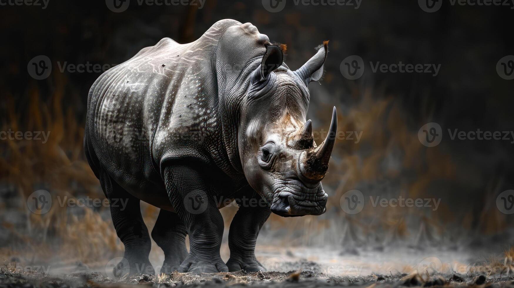 A baby rhino wandering through a foggy field, with smoke rising from the ground. photo