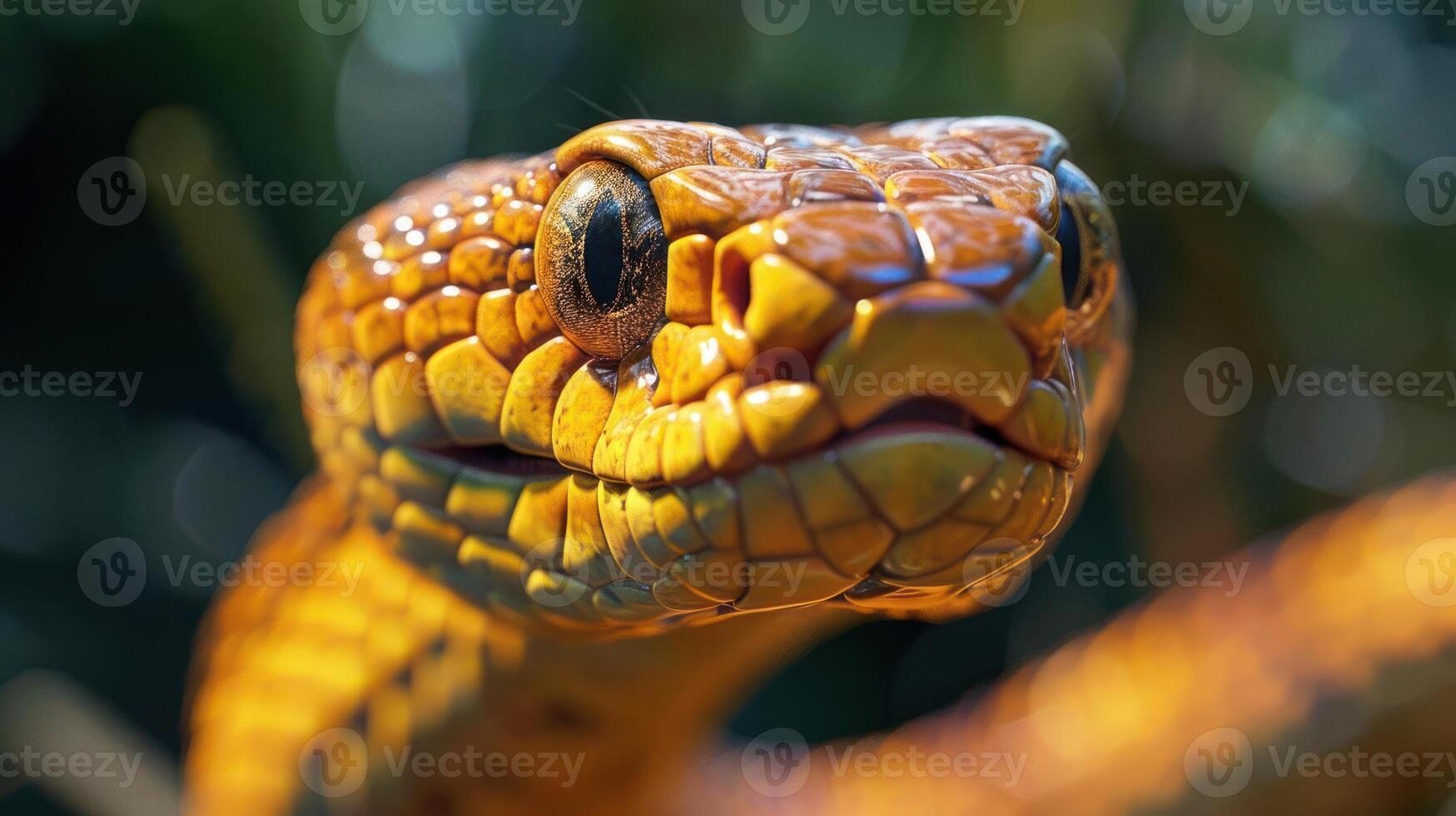 Close-up of a rattlesnake with striking yellow and black patterned skin, showing its venomous fangs and alert gaze. photo