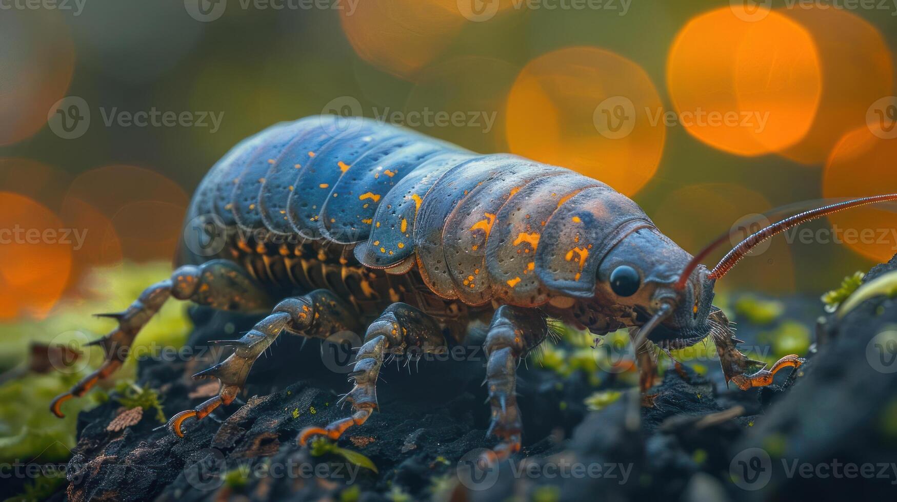 Vibrant blue and orange crawling insect against a soft focus background with bokeh lights. photo