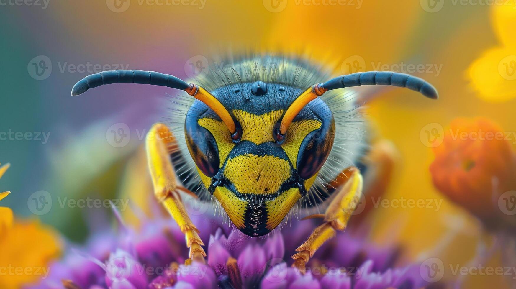 Vividly colored bee resting on vibrant flowers. photo