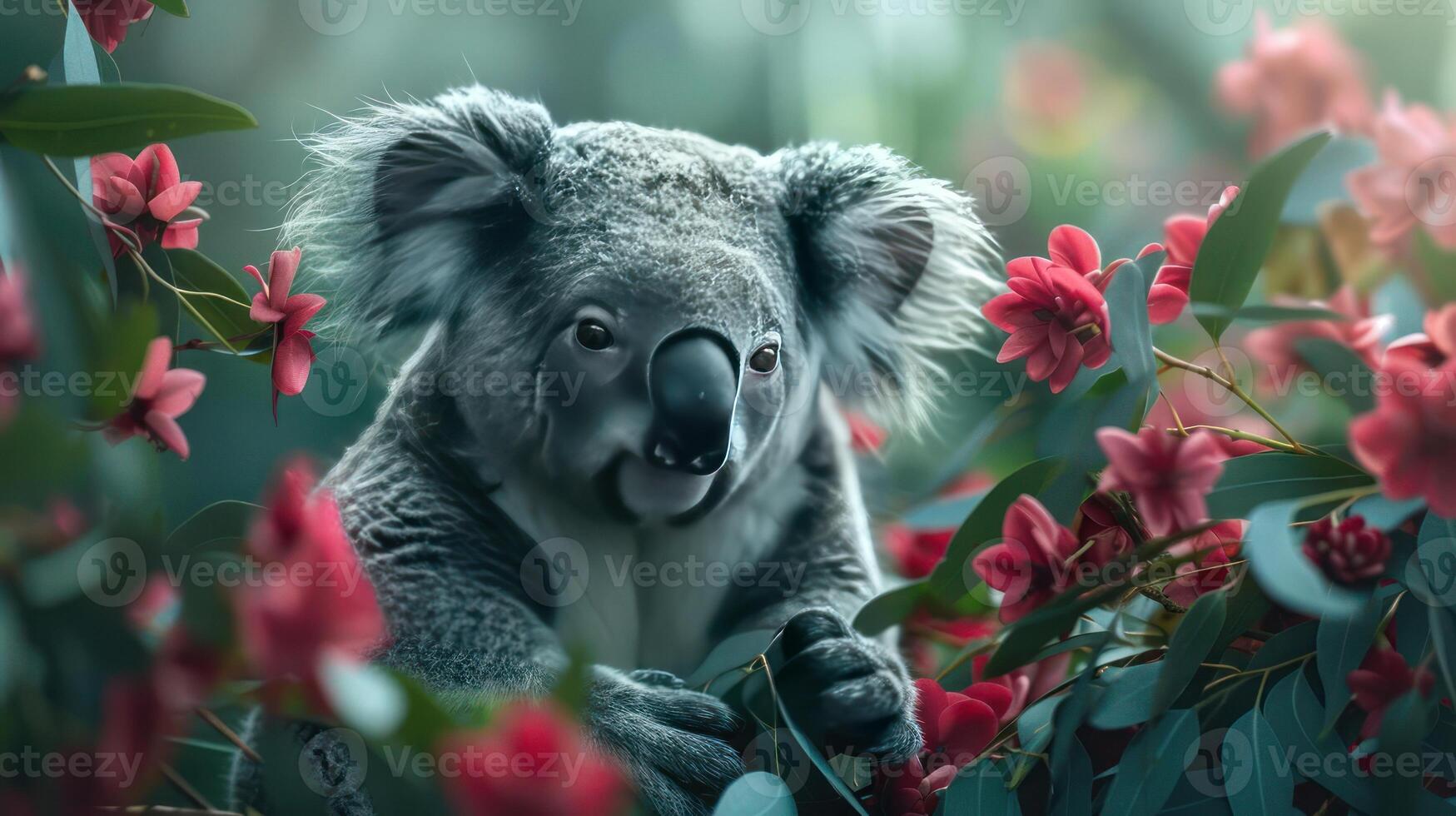 A charming image of a koala standing amidst blooming flowers, evoking a serene and picturesque scene. photo