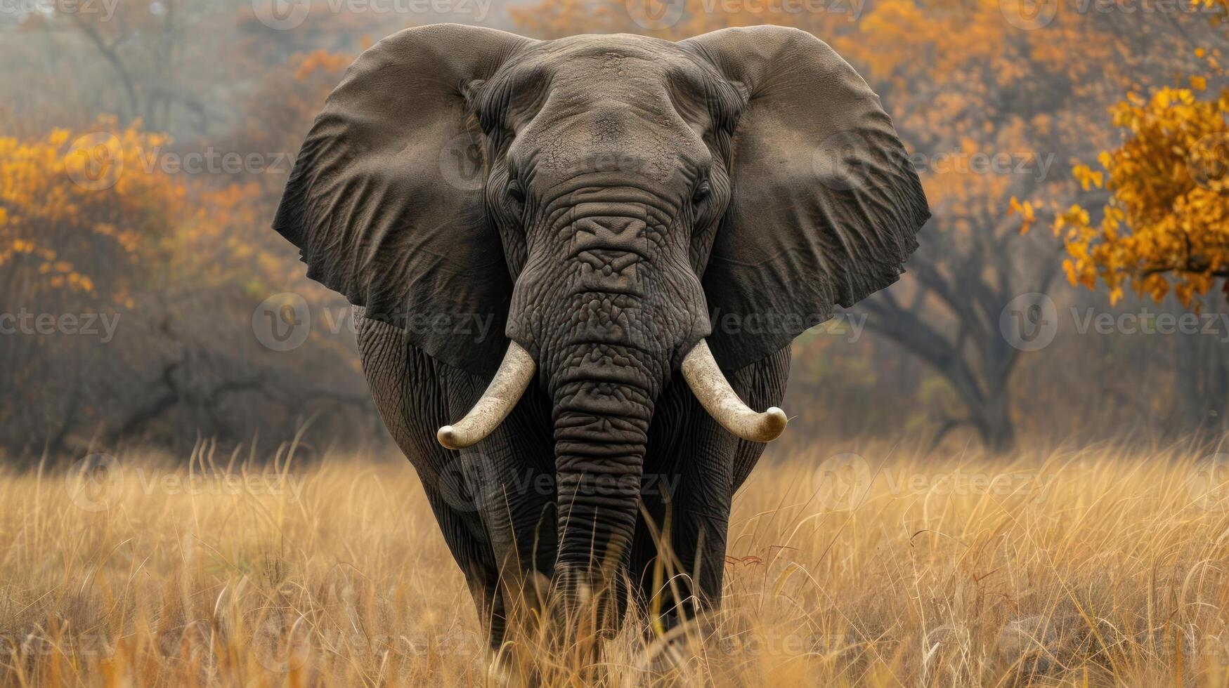 Male African elephant walking on the savannah with its trunk raised. photo