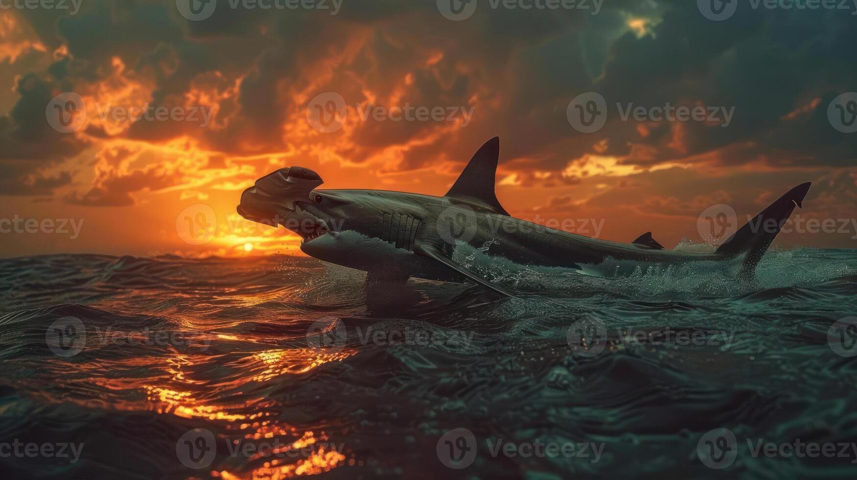 Shark in the ocean at sunset with a majestic sky. photo