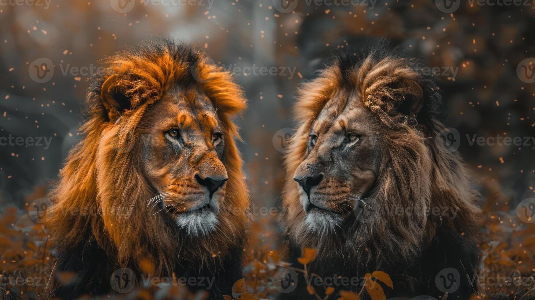Two majestic lions locking eyes in a serene forest setting. photo