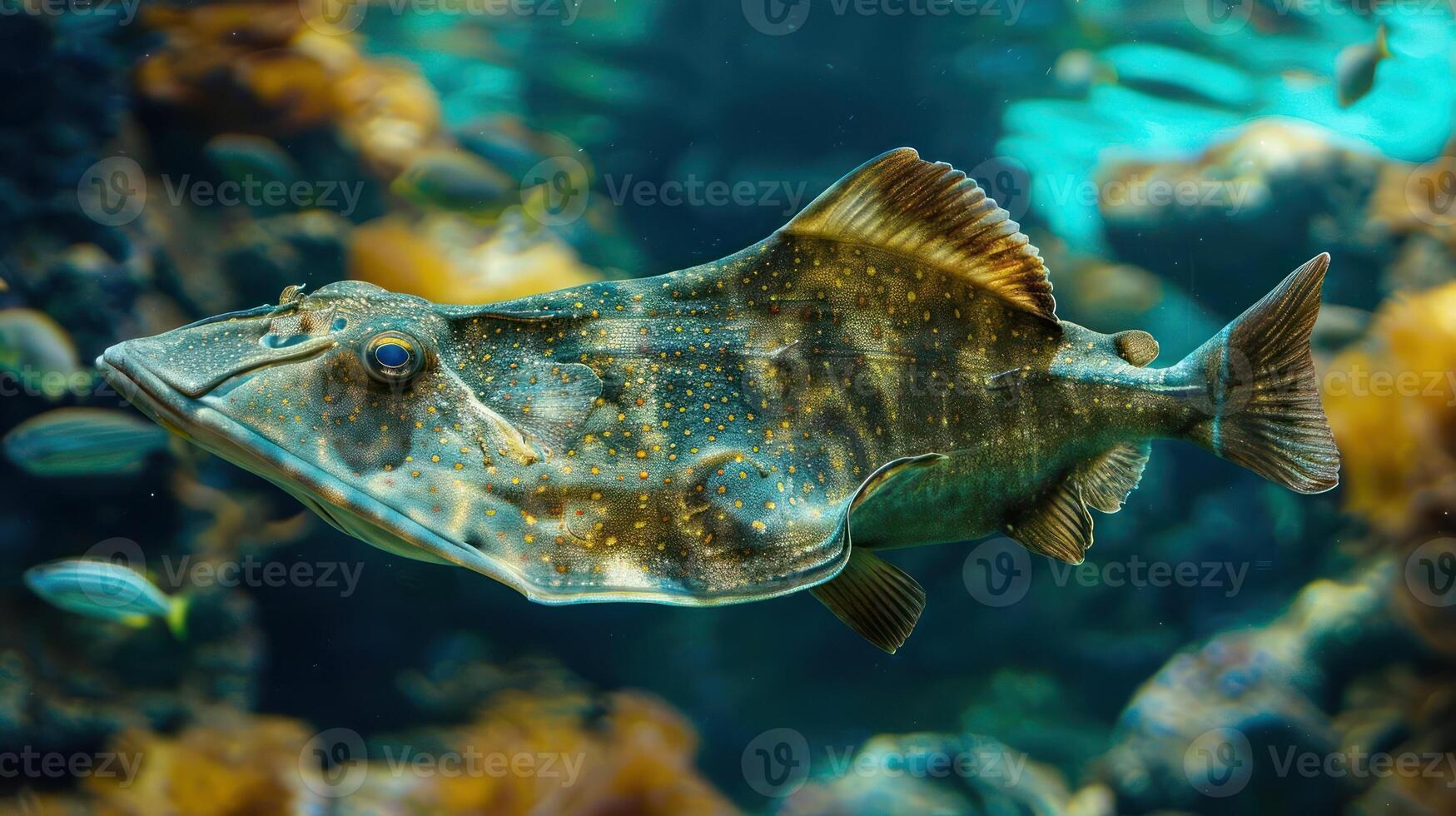 A fish swimming in an aquarium with coral photo