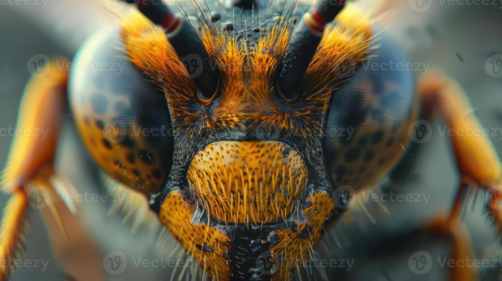Close up of a wasp's face with black and yellow spots photo