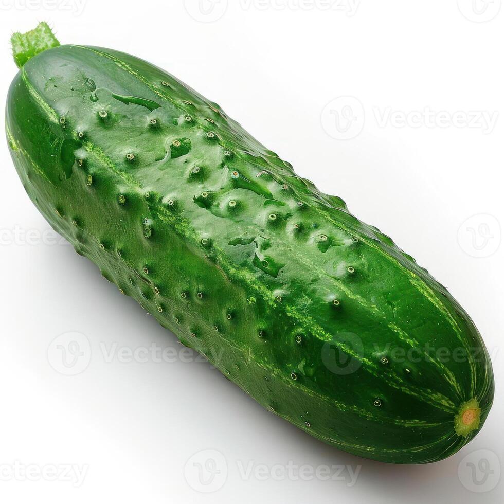 A green cucumber on a white surface with its skin slightly cracked and seeded. photo