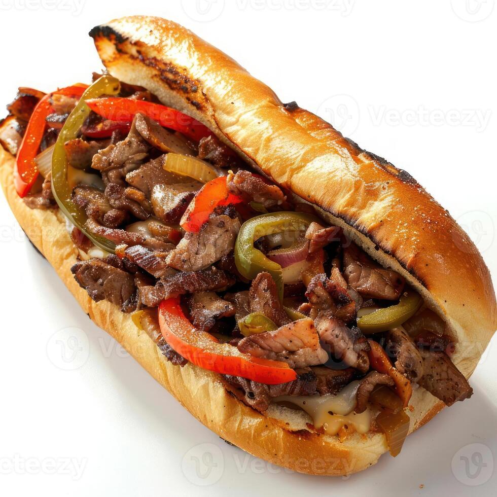 Close up view of a sandwich on a bun with steak, cheese, and veggies. photo