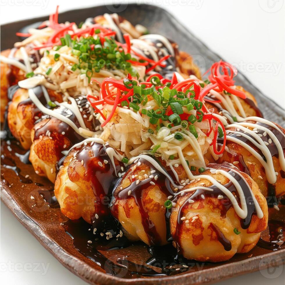 Sweet treats ready to indulge in, accompanied by a side of soy sauce and wasabi. photo