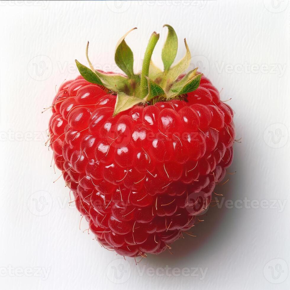 A ripe, red strawberry with a few leaves attached. photo