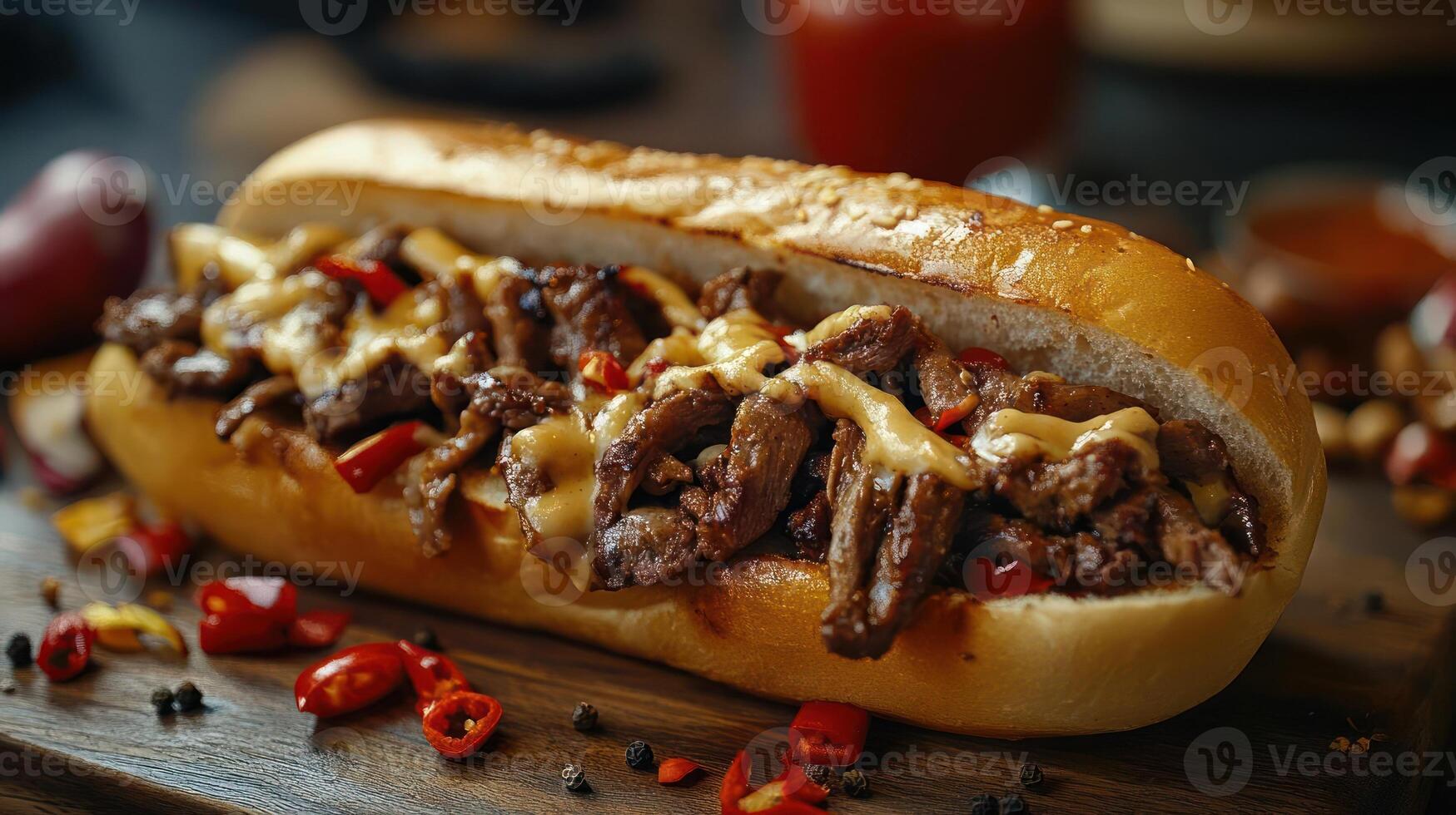 A beef sandwich with cheese and peppers on a wooden board photo