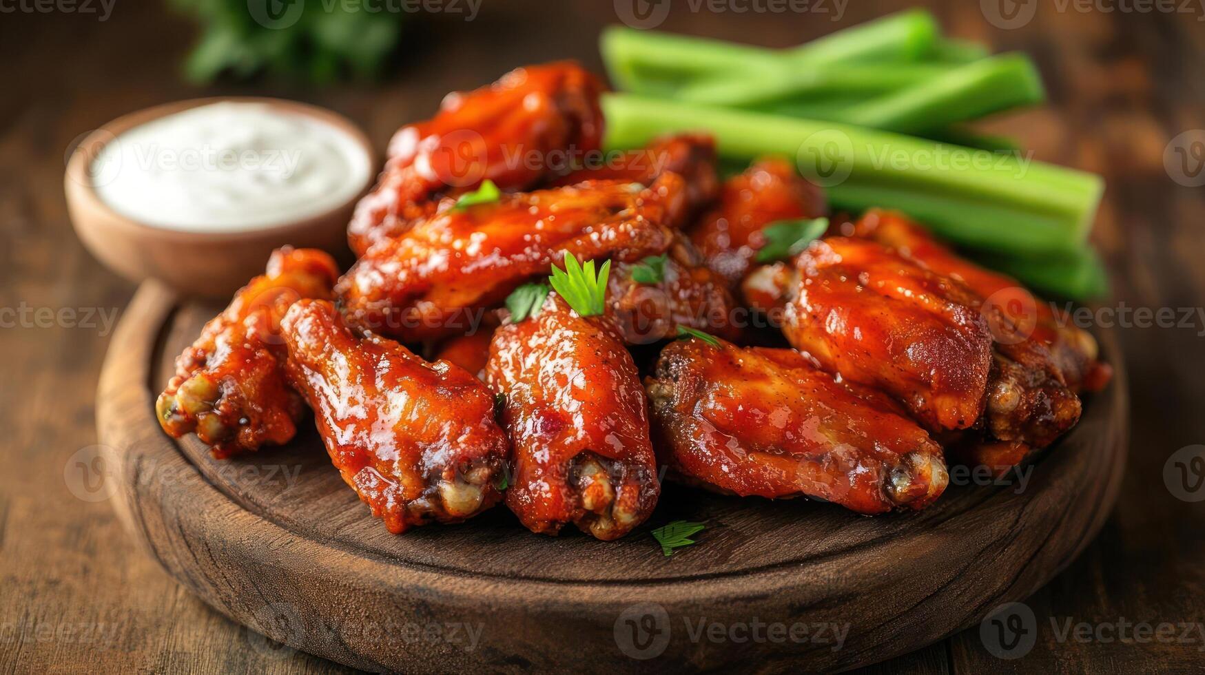Chicken wings with ranch sauce and celery on a wooden plate photo