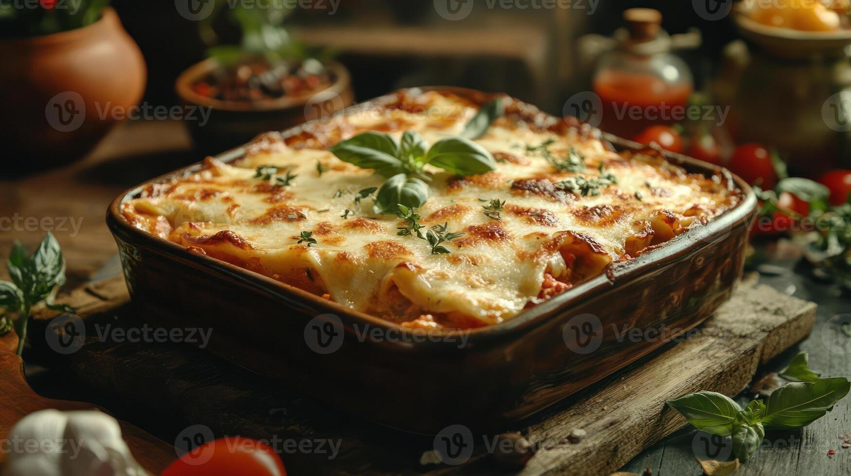 Baked lasagna in a square dish photo