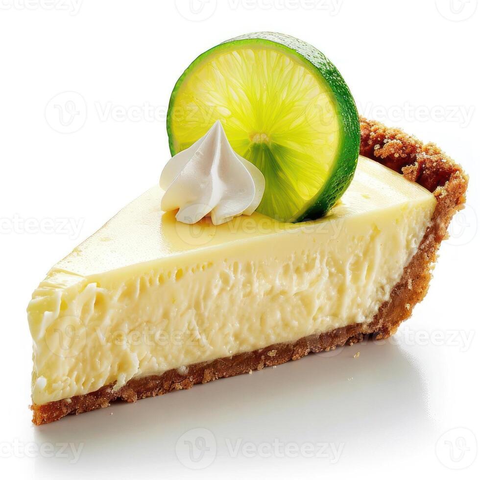 A slice of fresh, lime and grapefruit flavored cheesecake pie topped with a lemon wedge. photo