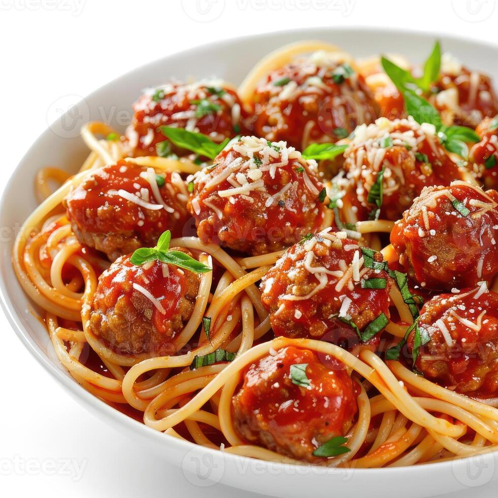 Bowl of meatballs covered in red tomato sauce and cheese. photo