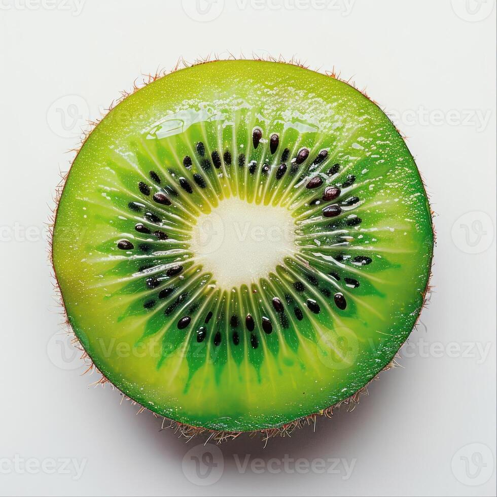 A round and vibrant fresh kiwi fruit with its distinctive pattern of black and green seeds visible. photo