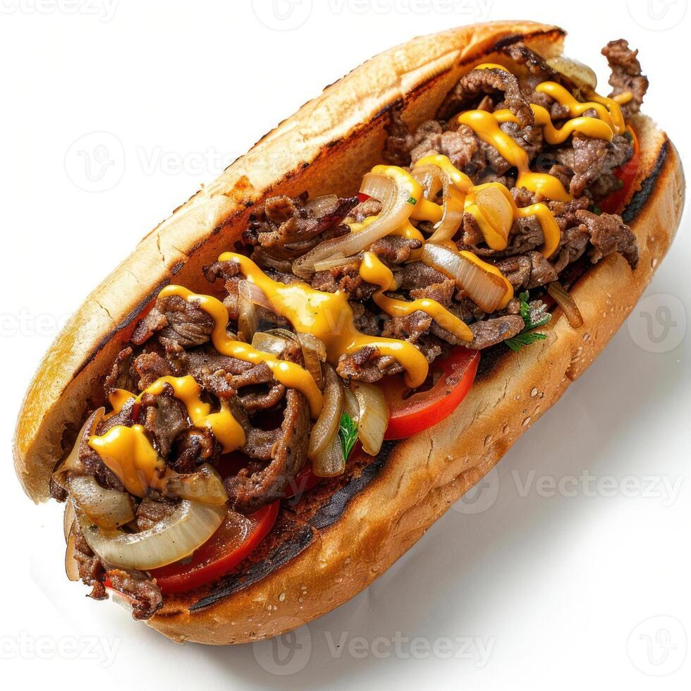 A juicy, loaded meat sandwich with beef and cheese, generously topped with onions and mustard. photo