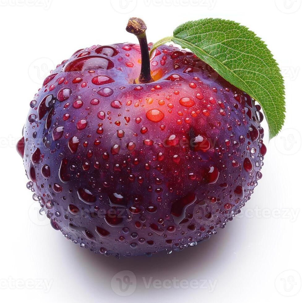 An apple covered in raindrops and dew, looking fresh and juicy. photo