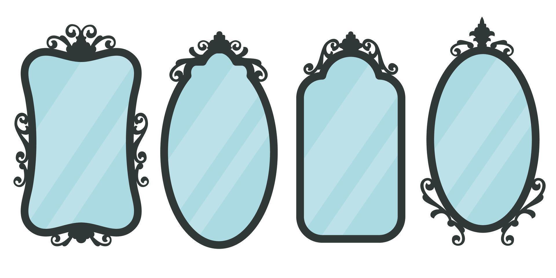 Set of Retro mirrors isolated on white background. Mirrors icon. Vintage Retro looking glass with elgant antique frames. Luxury classic home furniture in antique style. vector
