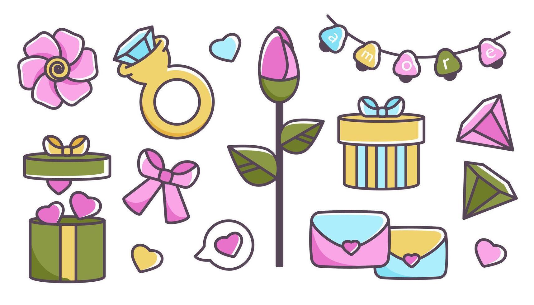 Valentine's day icons. Set of cartoon Doodle Valentine elements. Valentines outline symbol. Cute heart, ring, message, bow, jewel, light, rose. flat illustration vector