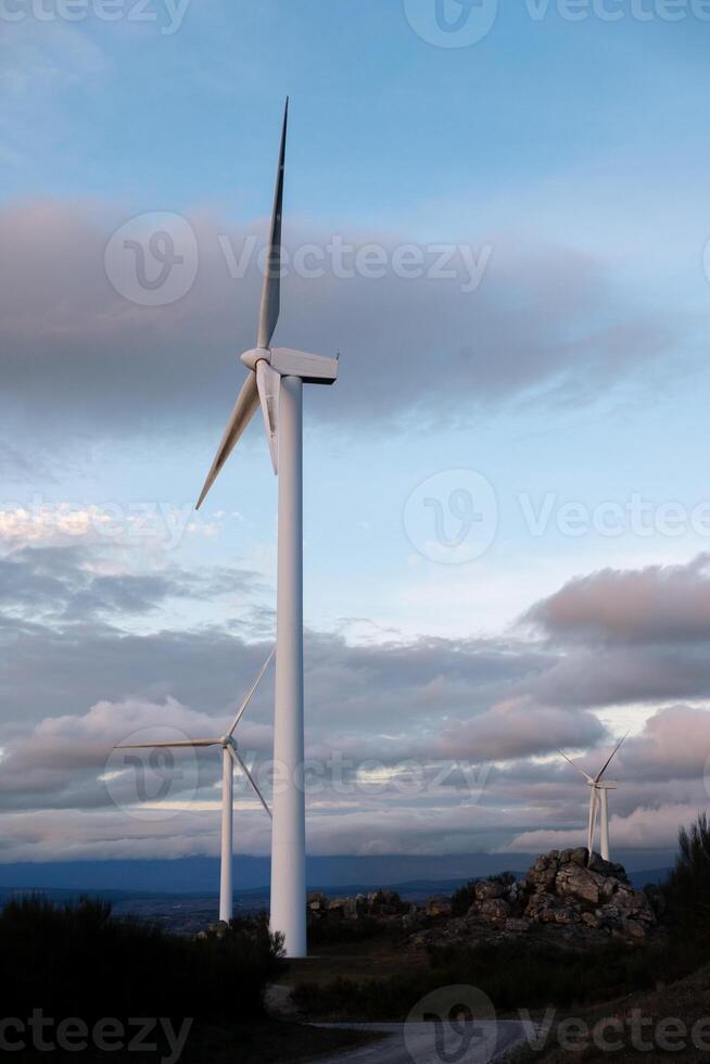 windmills in a wind farm at sunset with a cloudy sky in the background, concept renewable energy photo