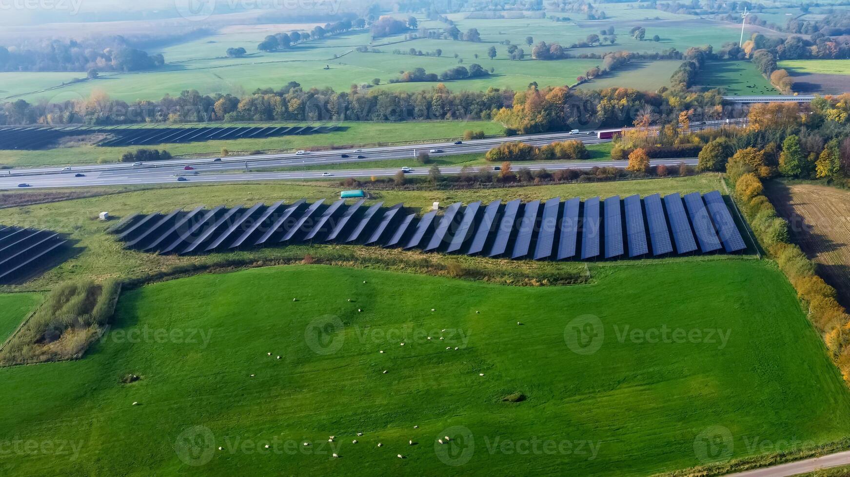 Aerial view on the A7 motorway in northern Germany between fields and meadows. photo