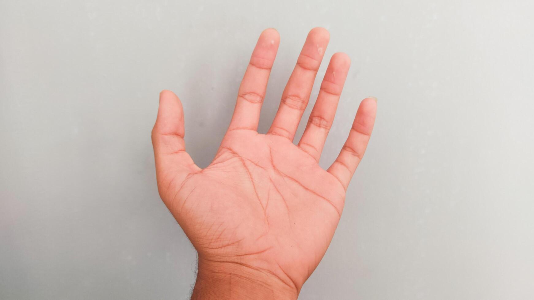 a person's hand on a gray background photo