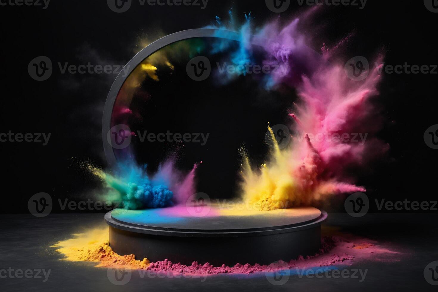 Abstract Colorful Powder Explosion with Black Platform photo