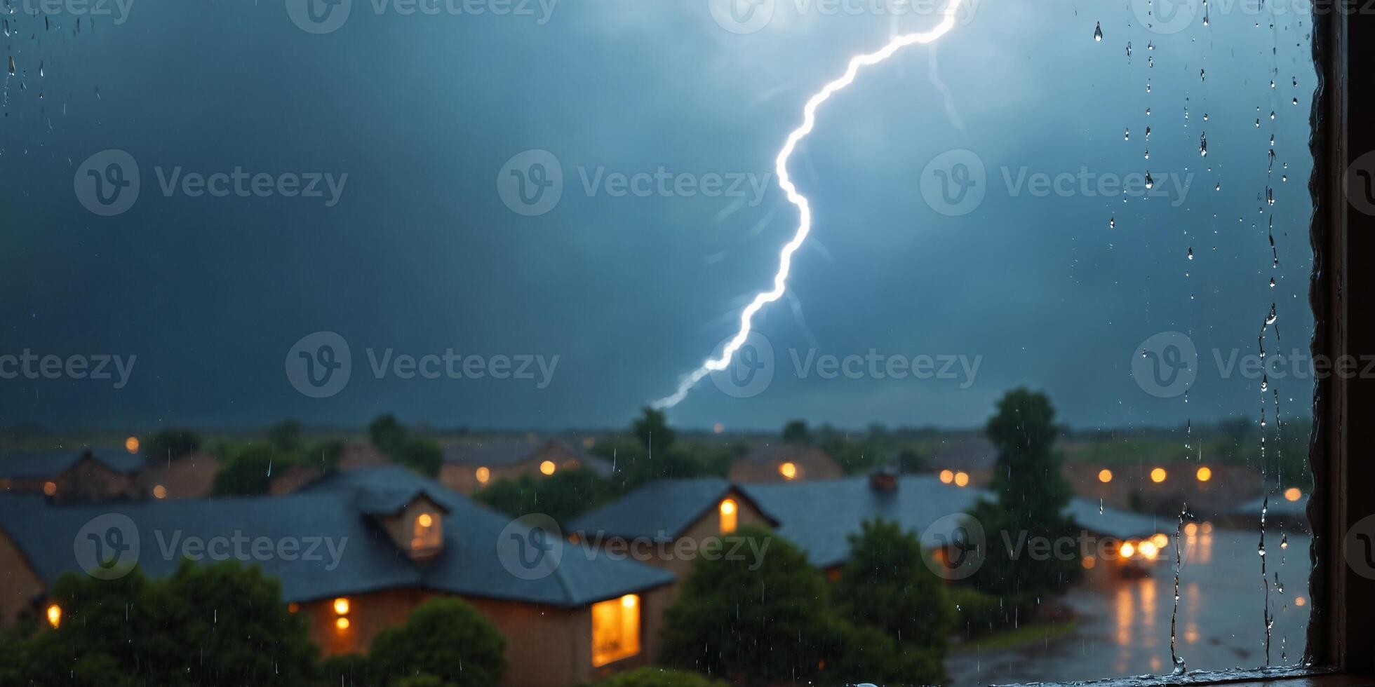 Lightning Storm Rain Through Window With Houses in Background photo