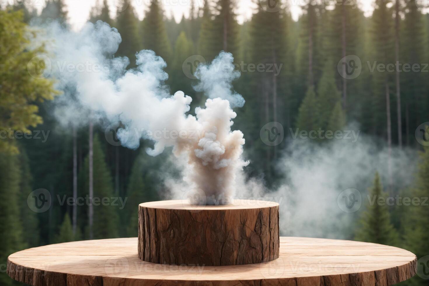 Smoke Rising From Tree Stump In Forest Mystical Atmosphere photo