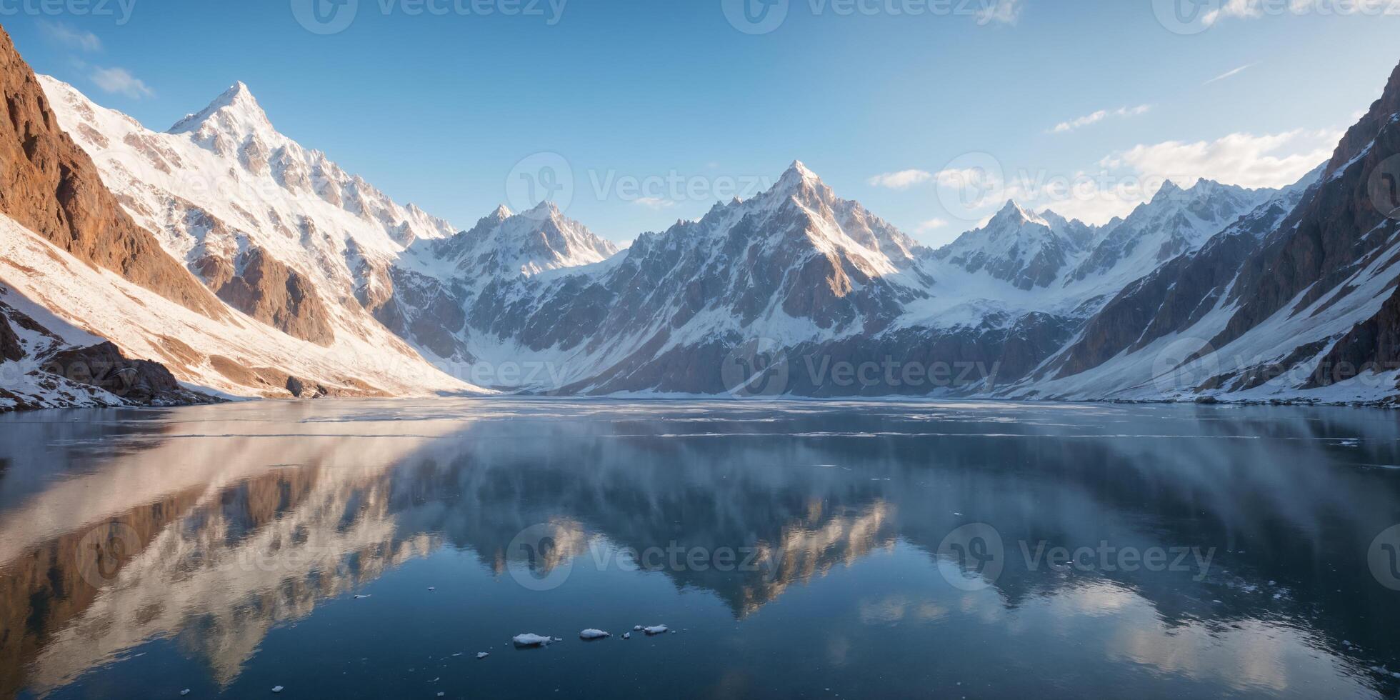 Majestic Snow Capped Mountain Range Reflecting in Calm Lake photo