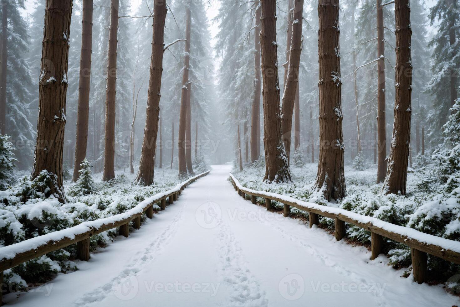 Snowy Forest Path with Tall Trees and Wooden Railing photo