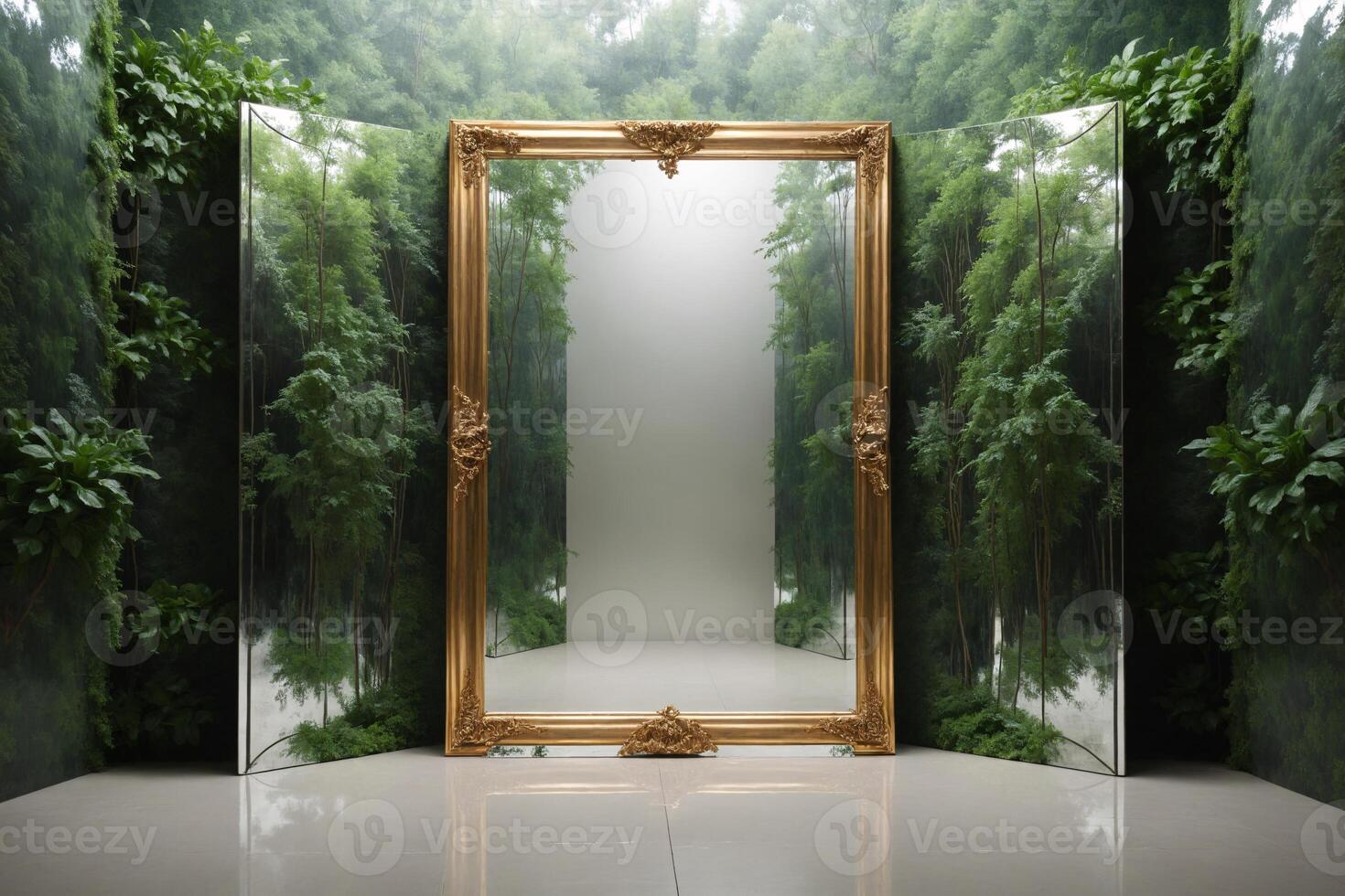 Ornate Gold Mirror Frame with Green Forest Reflection photo