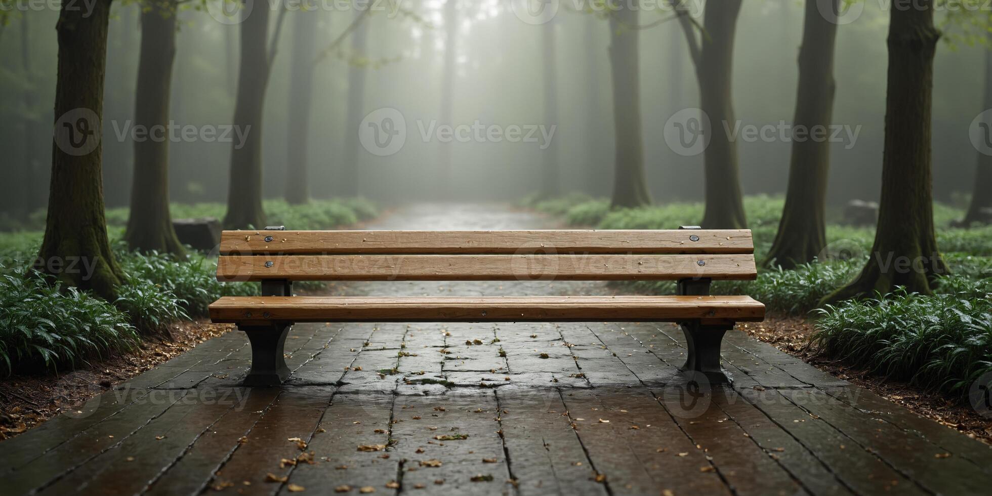 Empty Wooden Bench in Foggy Forest Path Nature Serenity Tranquility photo