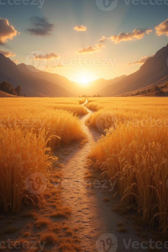 Golden Sunset Path Through Field of Tall Grass with Mountains in Background photo