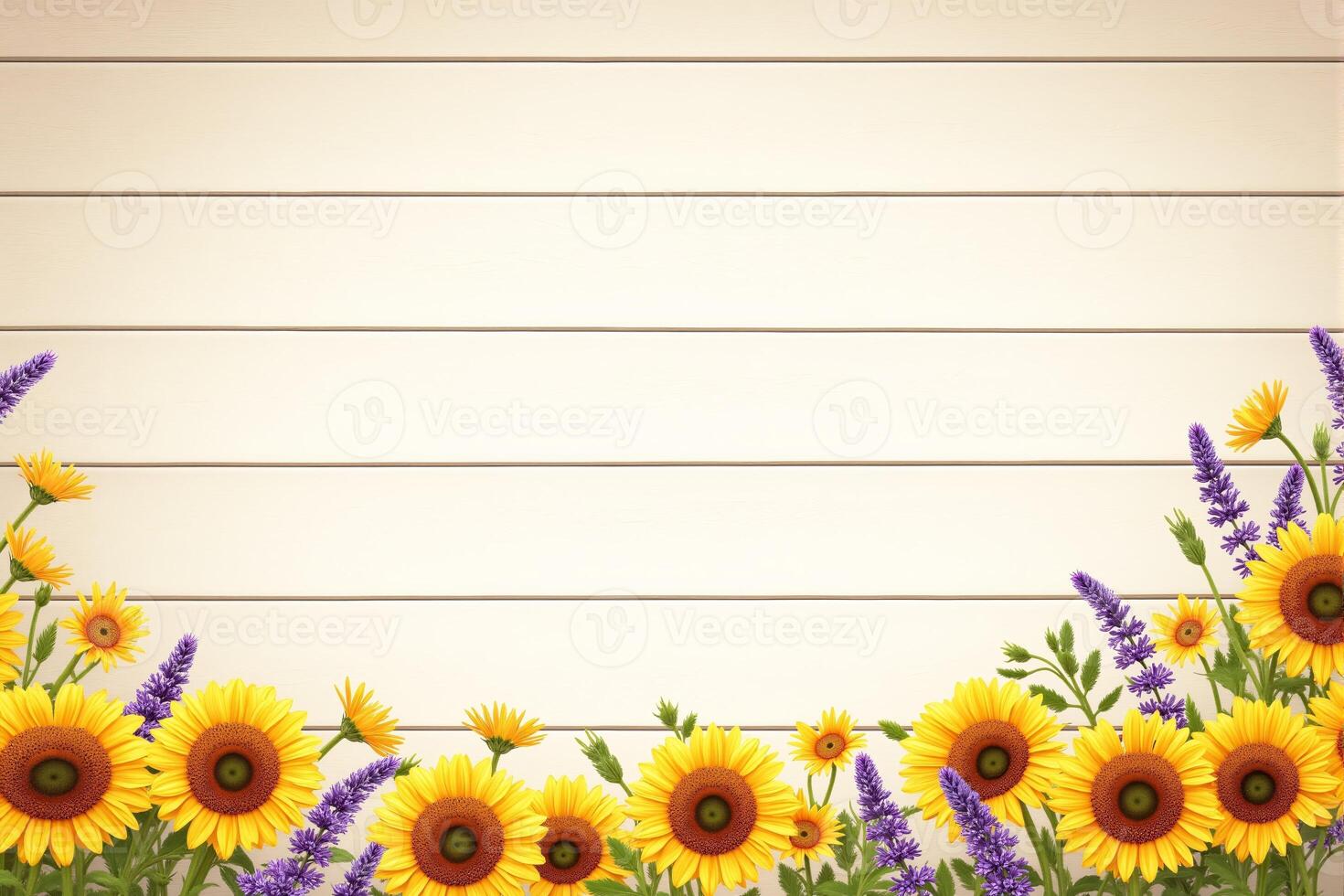 Rustic Wooden Background with Sunflowers and Lavender Border photo