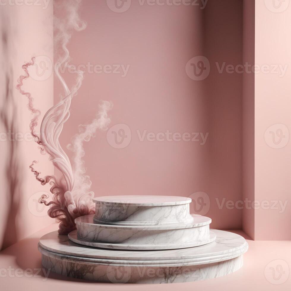 Marble Pedestal with Pink Smoke in Minimalist Studio Setting photo