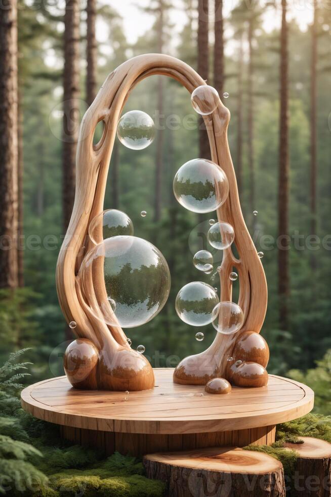 Wooden Sculpture with Bubbles in Forest Setting photo