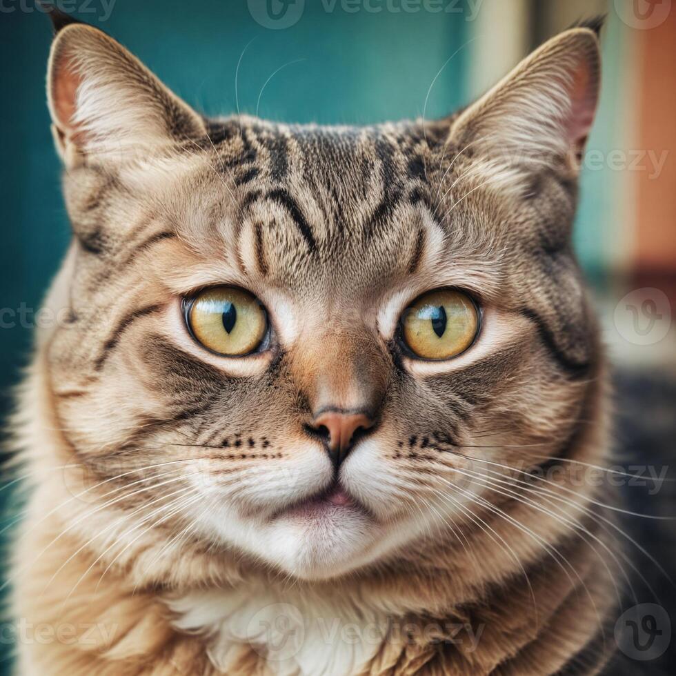 Close up Portrait of a Curious Tabby Cat with Yellow Eyes photo
