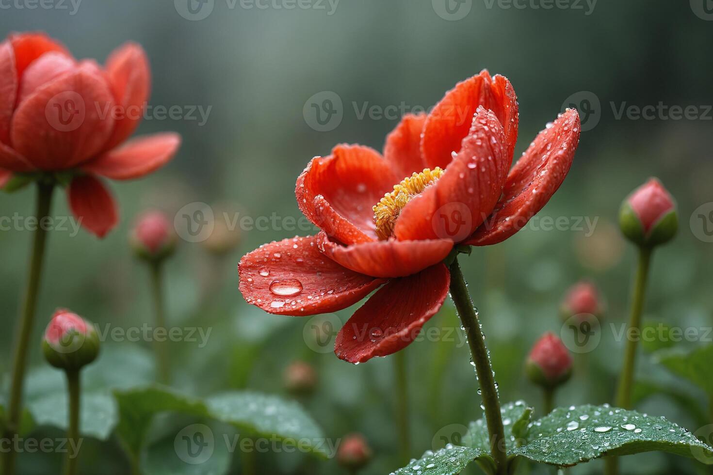 Red Flower with Water Drops and Green Leaves in Close Up photo