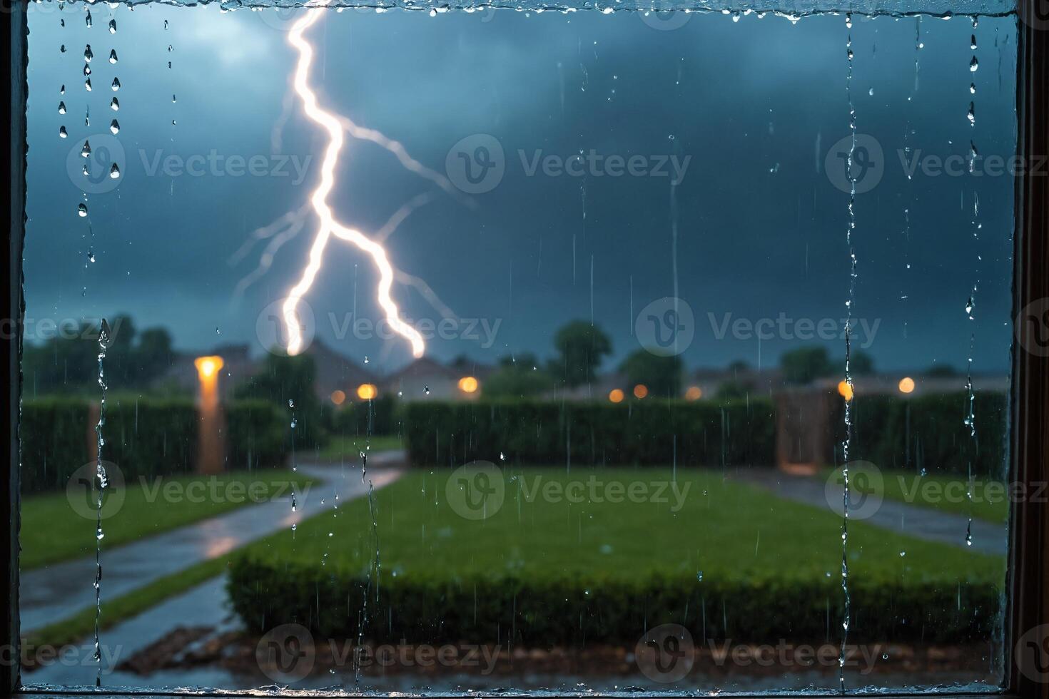 Lightning Storm Through Window with Rain and Blurred Backyard photo