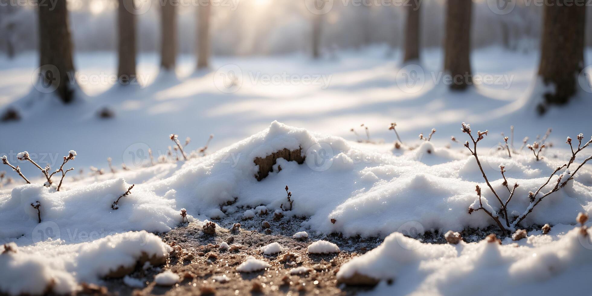 Snow Covered Ground in a Winter Forest with Sunlight photo