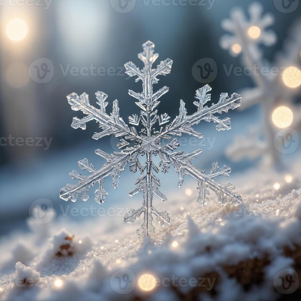Closeup of a Delicate Snowflake in Winter Snow with Bokeh Lights photo