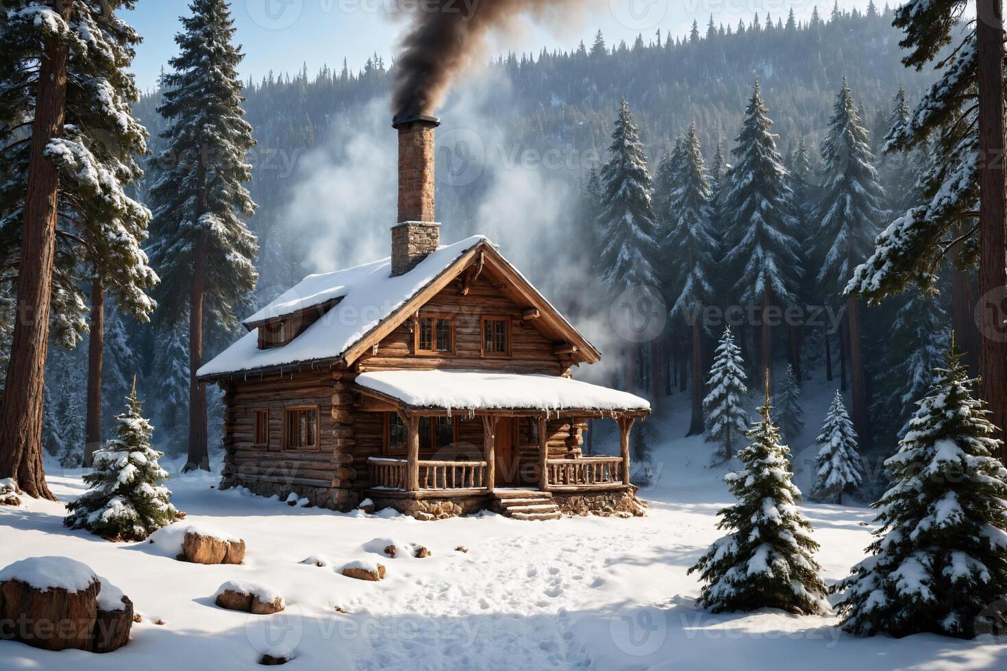 Cozy Log Cabin in Snowy Forest with Smoke from Chimney photo
